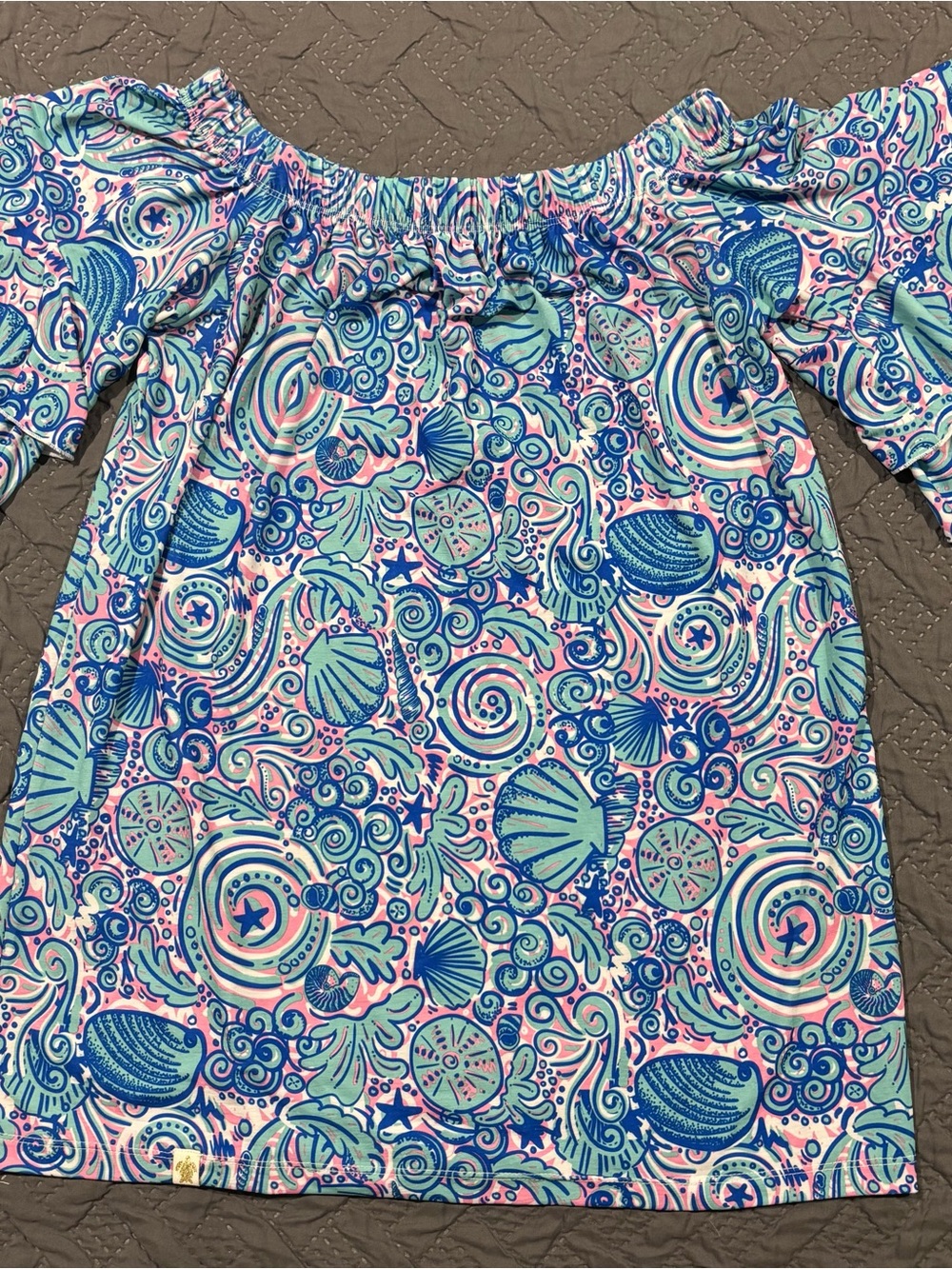 Simply Southern Off-Shoulder Seashell Tunic in Blue, Pink & Teal